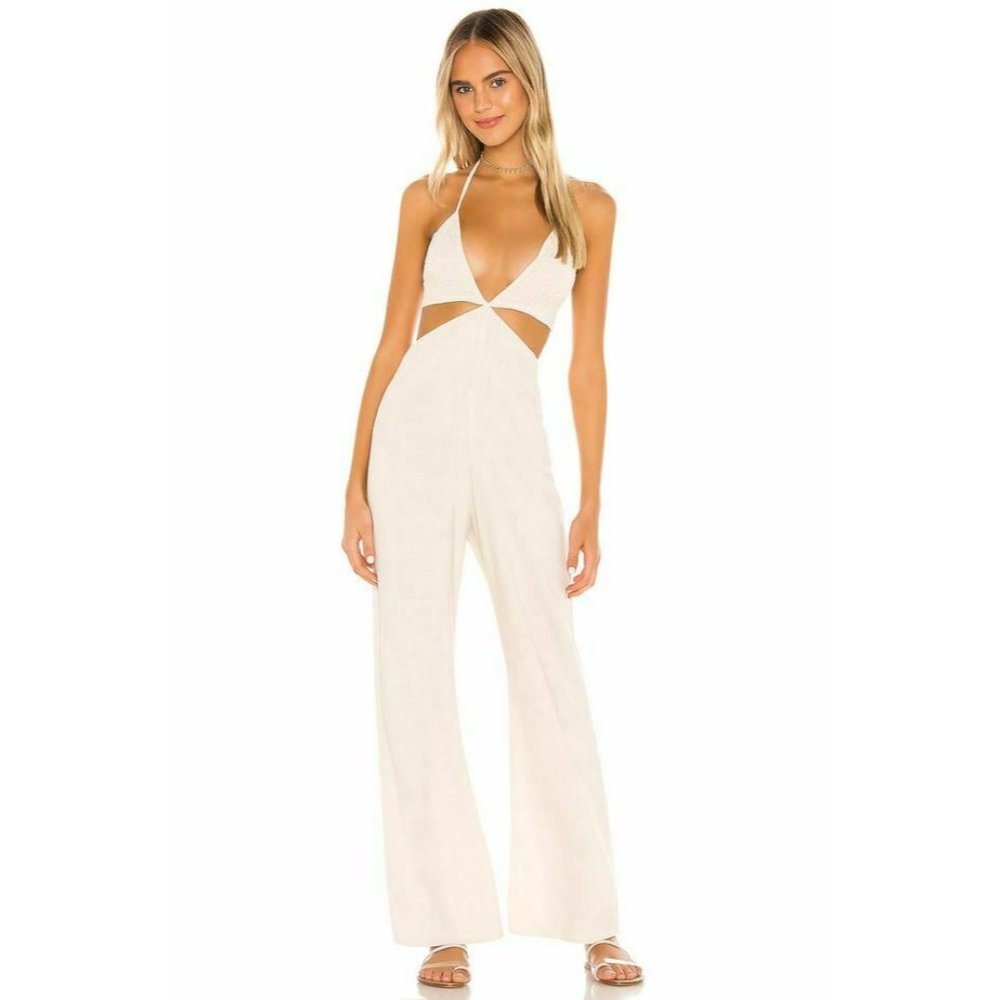 Indah Opal Nude Blaire Halter Jumpsuit Linen Blend Beachwear NWT Size S